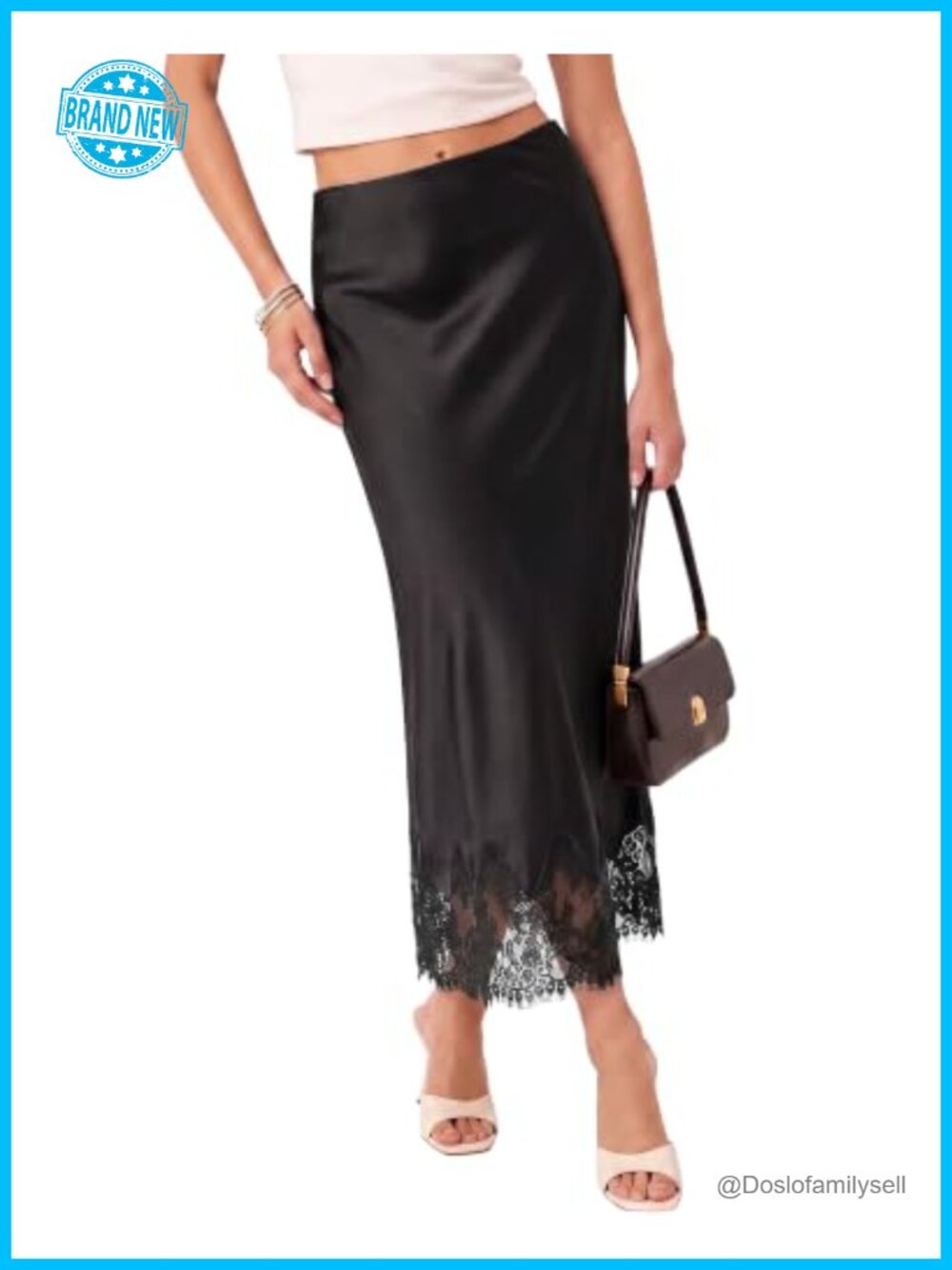 Satin Maxi Skirt Elastic Waist Lace Trim Long Slip Skirt for Women